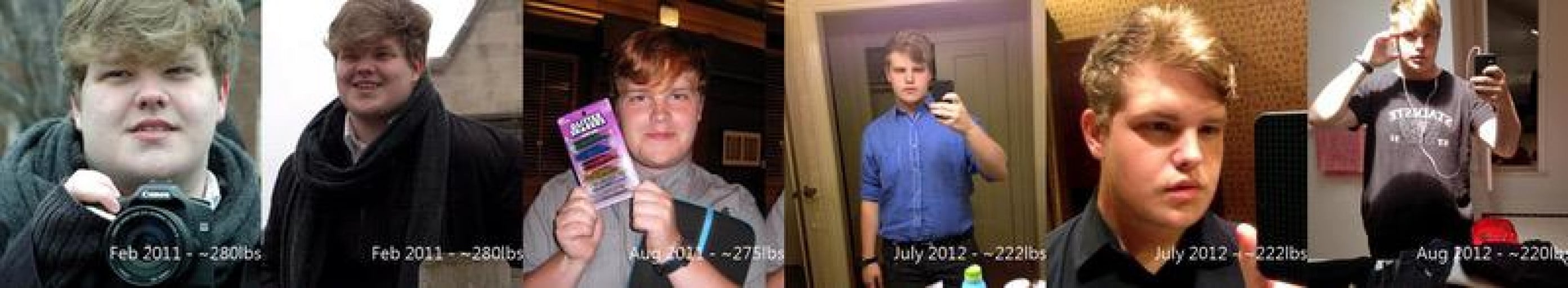A progress pic of a 6'1" man showing a fat loss from 275 pounds to 220 pounds. A total loss of 55 pounds.