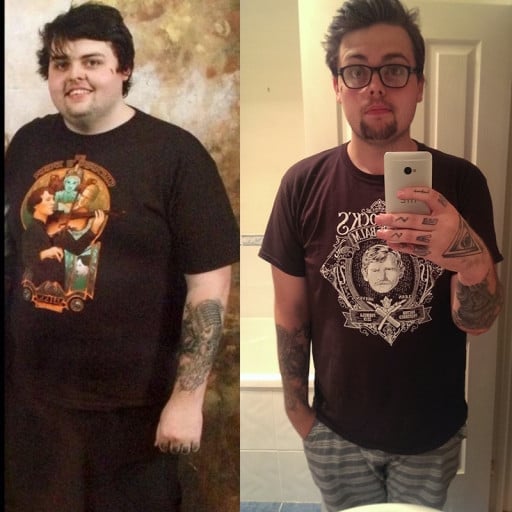 A before and after photo of a 6'1" male showing a weight reduction from 310 pounds to 235 pounds. A respectable loss of 75 pounds.