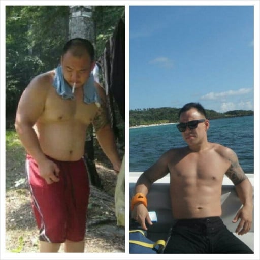 A picture of a 5'6" male showing a weight loss from 225 pounds to 155 pounds. A respectable loss of 70 pounds.