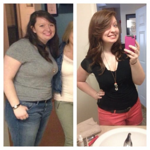 A picture of a 5'8" female showing a weight loss from 213 pounds to 188 pounds. A total loss of 25 pounds.