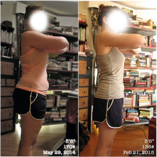 A progress pic of a 5'6" woman showing a weight cut from 173 pounds to 136 pounds. A net loss of 37 pounds.