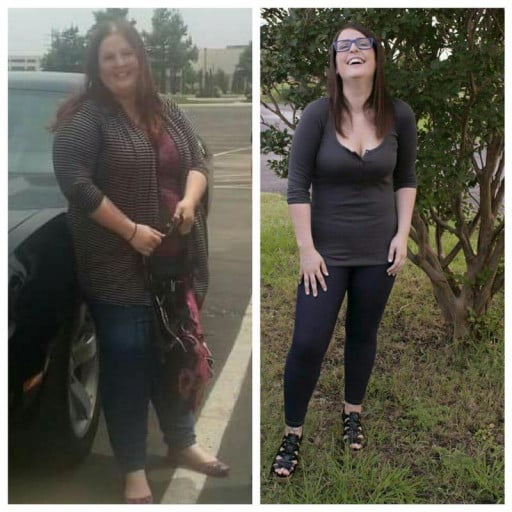 A picture of a 5'5" female showing a weight loss from 270 pounds to 145 pounds. A respectable loss of 125 pounds.