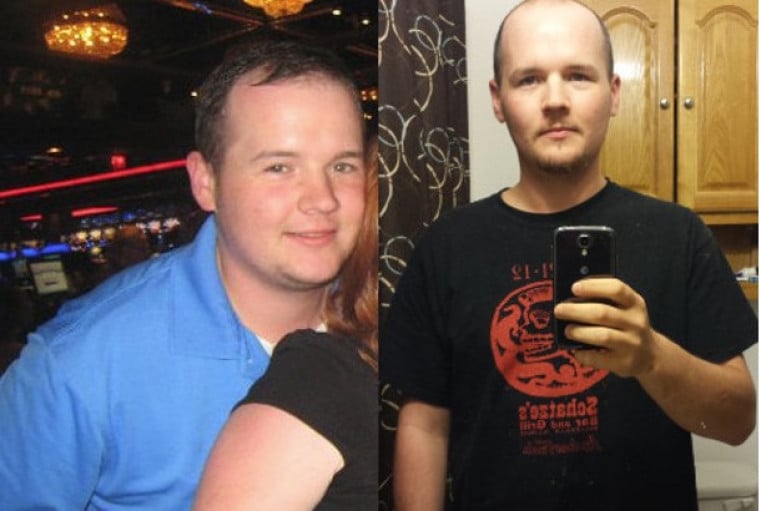 A picture of a 5'8" male showing a weight loss from 195 pounds to 163 pounds. A total loss of 32 pounds.