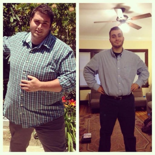 A picture of a 5'8" male showing a weight loss from 315 pounds to 210 pounds. A respectable loss of 105 pounds.
