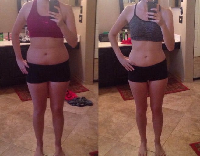 A before and after photo of a 5'6" female showing a weight reduction from 131 pounds to 116 pounds. A total loss of 15 pounds.