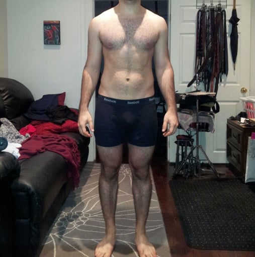 A before and after photo of a 5'8" male showing a snapshot of 164 pounds at a height of 5'8
