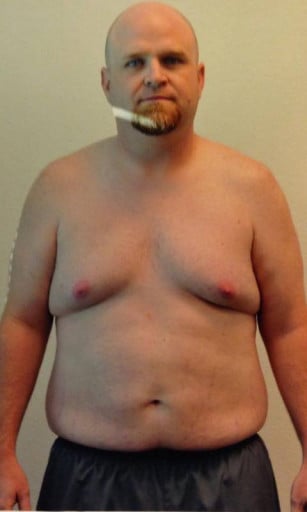 A before and after photo of a 5'9" male showing a weight loss from 290 pounds to 185 pounds. A total loss of 105 pounds.