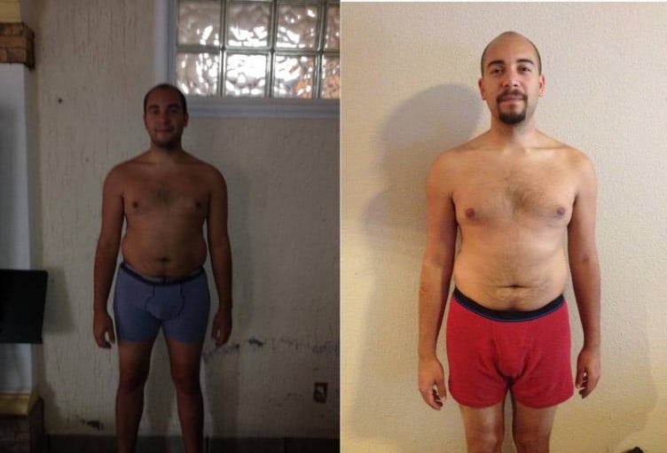 A before and after photo of a 6'1" male showing a snapshot of 199 pounds at a height of 6'1