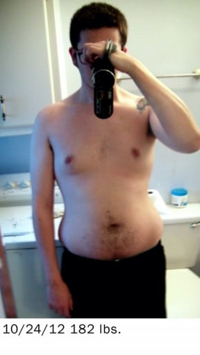 A before and after photo of a 6'0" male showing a snapshot of 182 pounds at a height of 6'0