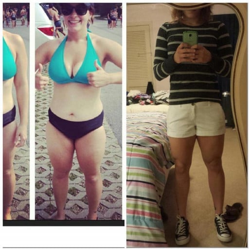 A before and after photo of a 5'3" female showing a weight reduction from 138 pounds to 131 pounds. A net loss of 7 pounds.