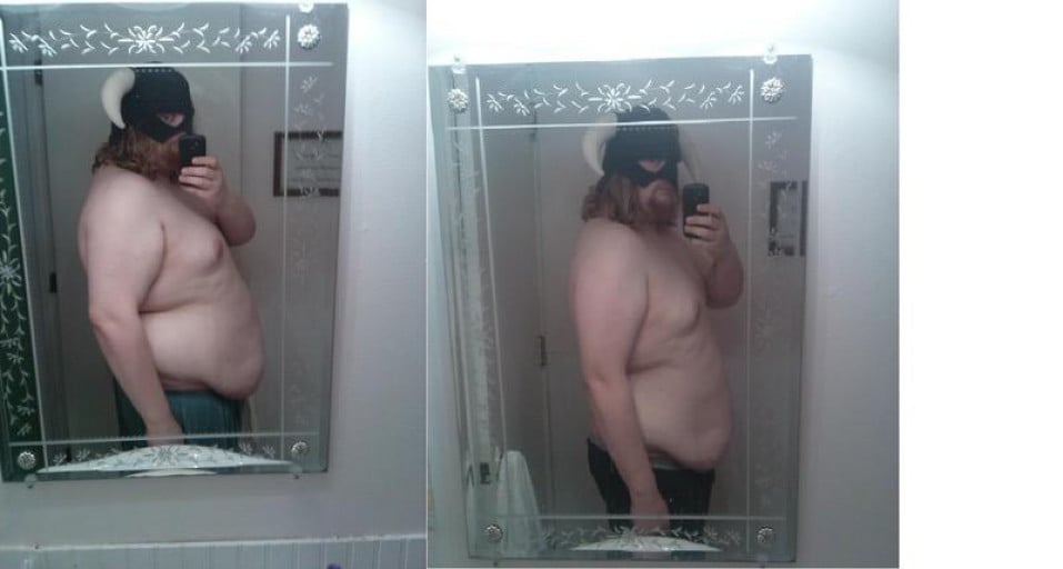 A progress pic of a 5'11" man showing a fat loss from 355 pounds to 296 pounds. A respectable loss of 59 pounds.