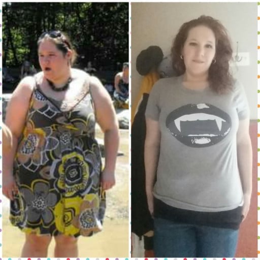 A picture of a 5'5" female showing a weight reduction from 285 pounds to 175 pounds. A respectable loss of 110 pounds.