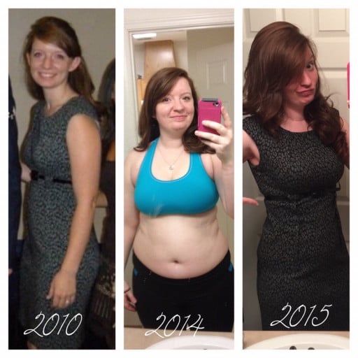 A progress pic of a 5'8" woman showing a fat loss from 215 pounds to 155 pounds. A total loss of 60 pounds.