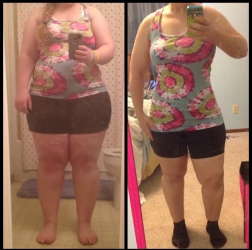 A progress pic of a 5'0" woman showing a fat loss from 220 pounds to 170 pounds. A respectable loss of 50 pounds.