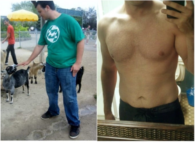A photo of a 5'11" man showing a fat loss from 260 pounds to 180 pounds. A total loss of 80 pounds.