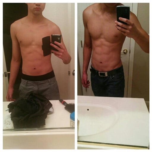 A progress pic of a 5'10" man showing a weight gain from 130 pounds to 150 pounds. A respectable gain of 20 pounds.