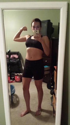A progress pic of a 5'6" woman showing a fat loss from 235 pounds to 130 pounds. A total loss of 105 pounds.