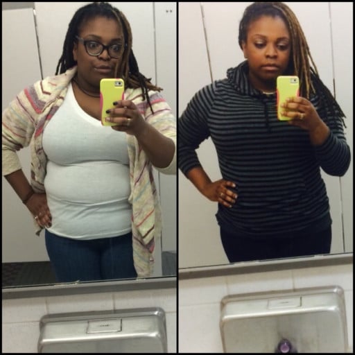 A progress pic of a 5'2" woman showing a fat loss from 215 pounds to 207 pounds. A net loss of 8 pounds.