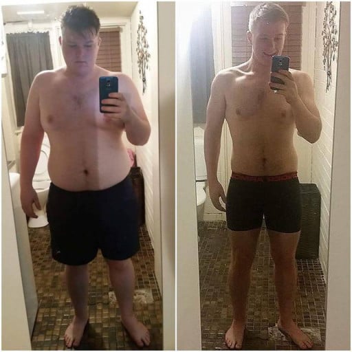 A before and after photo of a 5'10" male showing a weight reduction from 260 pounds to 178 pounds. A total loss of 82 pounds.