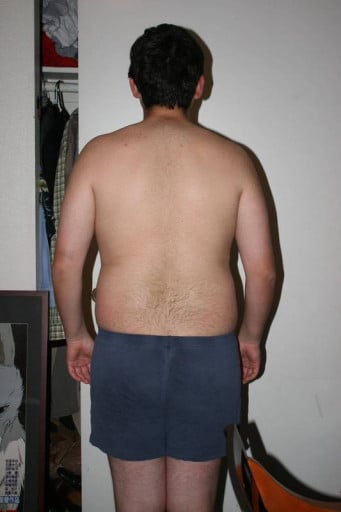 A before and after photo of a 5'7" male showing a snapshot of 185 pounds at a height of 5'7