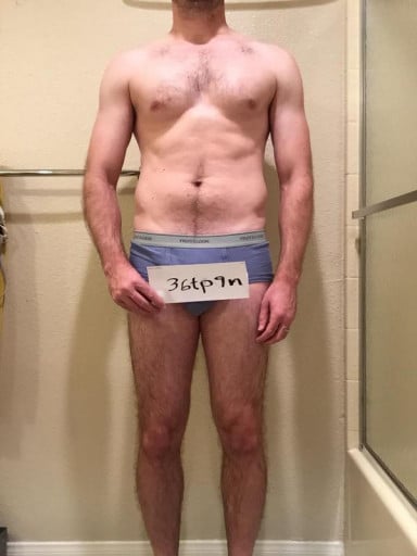 A before and after photo of a 5'11" male showing a snapshot of 165 pounds at a height of 5'11