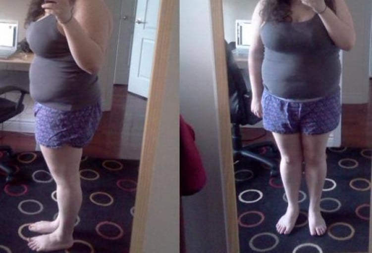 A before and after photo of a 5'4" female showing a weight cut from 224 pounds to 183 pounds. A total loss of 41 pounds.