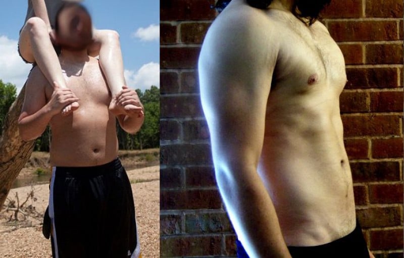 A progress pic of a 6'0" man showing a fat loss from 215 pounds to 180 pounds. A total loss of 35 pounds.