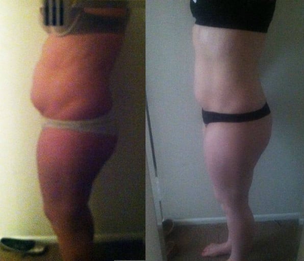 A picture of a 5'4" female showing a fat loss from 165 pounds to 149 pounds. A total loss of 16 pounds.