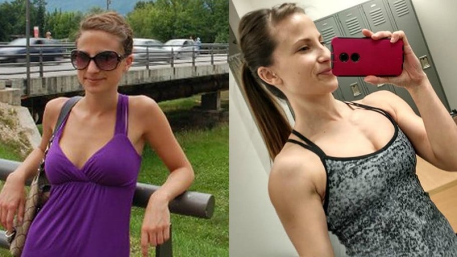 A before and after photo of a 5'4" female showing a weight bulk from 113 pounds to 133 pounds. A total gain of 20 pounds.
