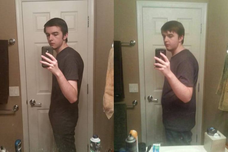 A before and after photo of a 5'10" male showing a weight reduction from 245 pounds to 165 pounds. A net loss of 80 pounds.