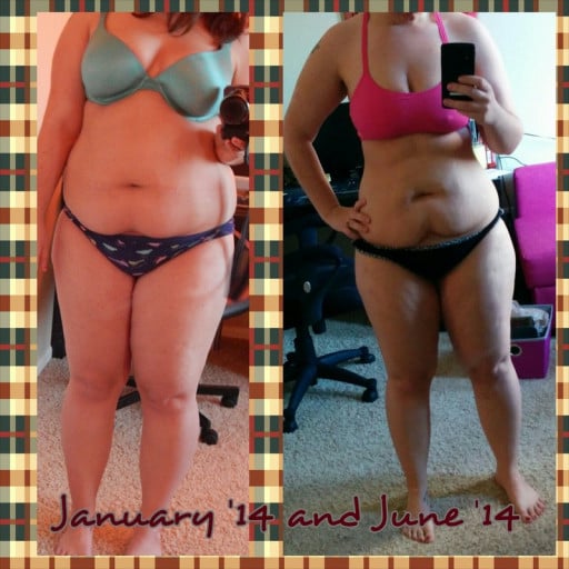 A progress pic of a 5'6" woman showing a weight cut from 220 pounds to 170 pounds. A respectable loss of 50 pounds.