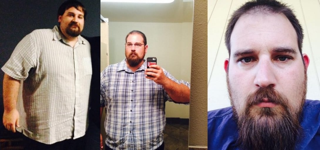 A photo of a 6'0" man showing a weight loss from 380 pounds to 328 pounds. A total loss of 52 pounds.