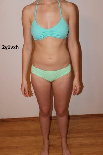 A before and after photo of a 5'9" female showing a snapshot of 130 pounds at a height of 5'9