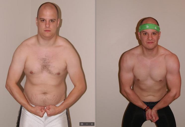 A progress pic of a 5'10" man showing a fat loss from 198 pounds to 164 pounds. A net loss of 34 pounds.