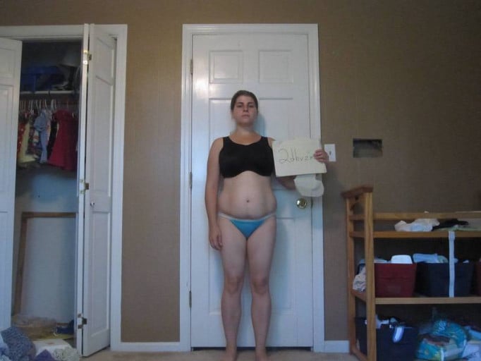 A photo of a 5'2" woman showing a weight reduction from 154 pounds to 141 pounds. A total loss of 13 pounds.
