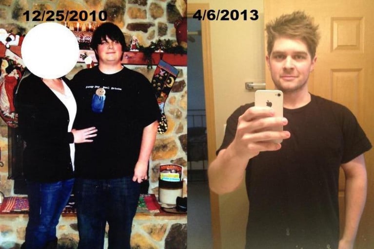 A progress pic of a 5'8" man showing a fat loss from 287 pounds to 199 pounds. A total loss of 88 pounds.