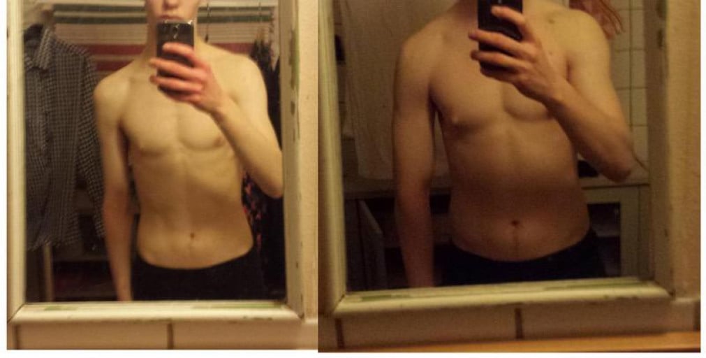 A before and after photo of a 6'0" male showing a weight gain from 126 pounds to 159 pounds. A net gain of 33 pounds.