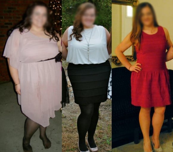 A before and after photo of a 5'5" female showing a weight reduction from 298 pounds to 270 pounds. A total loss of 28 pounds.