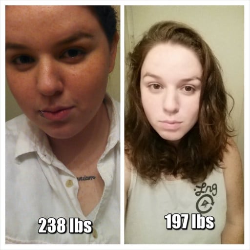 A before and after photo of a 5'7" female showing a weight reduction from 238 pounds to 197 pounds. A net loss of 41 pounds.