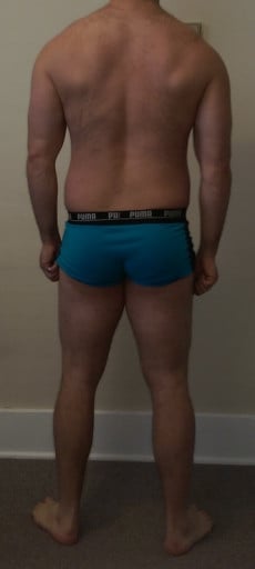 A before and after photo of a 5'9" male showing a snapshot of 187 pounds at a height of 5'9