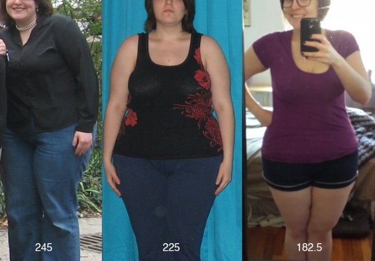 A before and after photo of a 5'6" female showing a weight loss from 245 pounds to 182 pounds. A respectable loss of 63 pounds.
