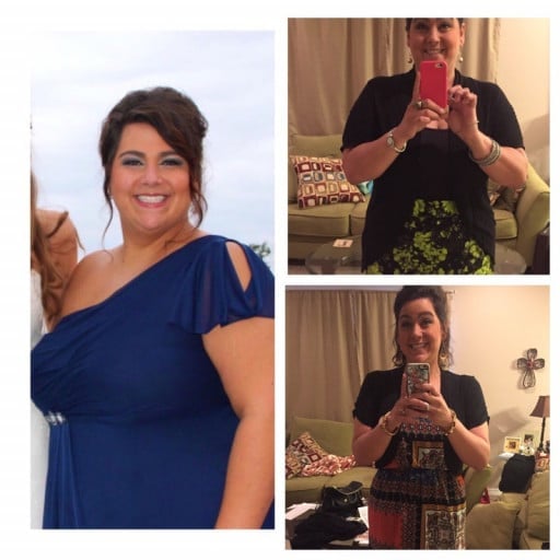 A progress pic of a 5'10" woman showing a fat loss from 303 pounds to 202 pounds. A total loss of 101 pounds.