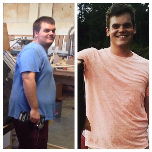 A before and after photo of a 6'2" male showing a weight reduction from 350 pounds to 250 pounds. A respectable loss of 100 pounds.