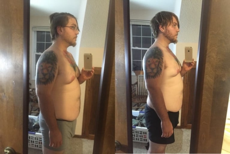 A photo of a 5'10" man showing a fat loss from 249 pounds to 239 pounds. A total loss of 10 pounds.