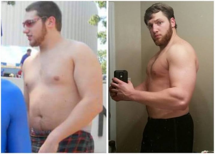 A progress pic of a 6'5" man showing a fat loss from 280 pounds to 245 pounds. A respectable loss of 35 pounds.