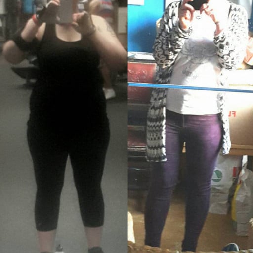 A before and after photo of a 5'6" female showing a weight reduction from 220 pounds to 176 pounds. A respectable loss of 44 pounds.