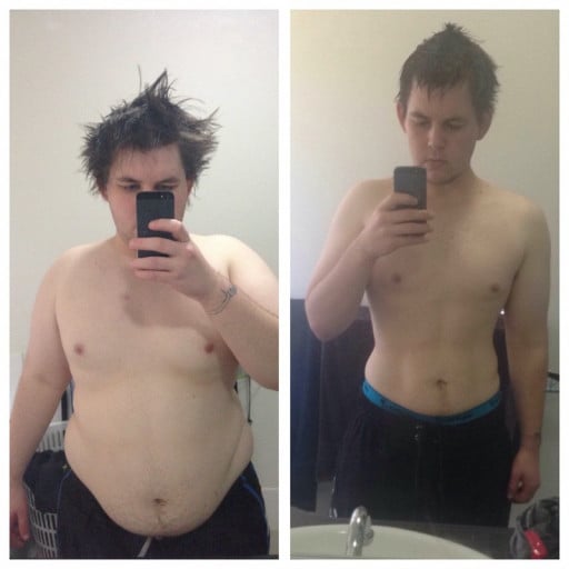 A photo of a 5'6" man showing a weight loss from 259 pounds to 174 pounds. A total loss of 85 pounds.