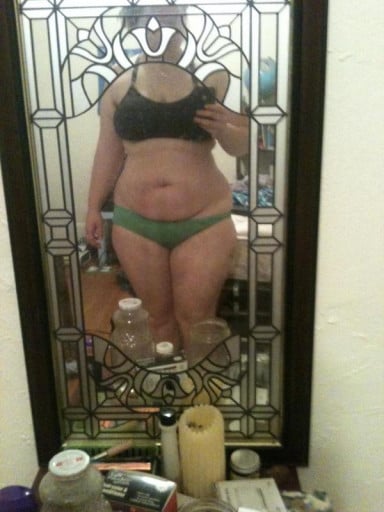 A before and after photo of a 5'6" female showing a snapshot of 208 pounds at a height of 5'6