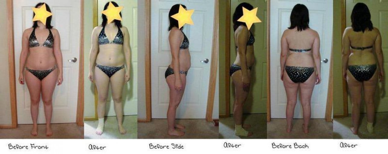 A before and after photo of a 5'3" female showing a fat loss from 140 pounds to 134 pounds. A total loss of 6 pounds.