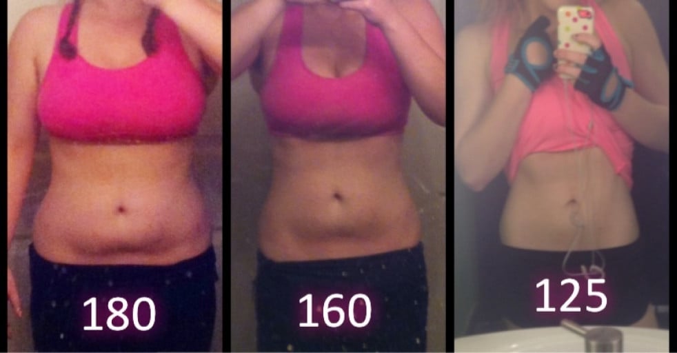 A progress pic of a 5'5" woman showing a fat loss from 180 pounds to 125 pounds. A net loss of 55 pounds.